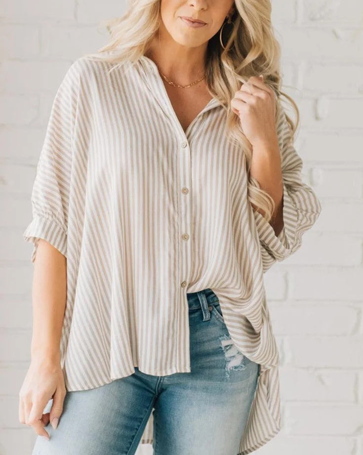 Women's Striped Loose Fit Three-Quarter Sleeve Casual Button Shirt