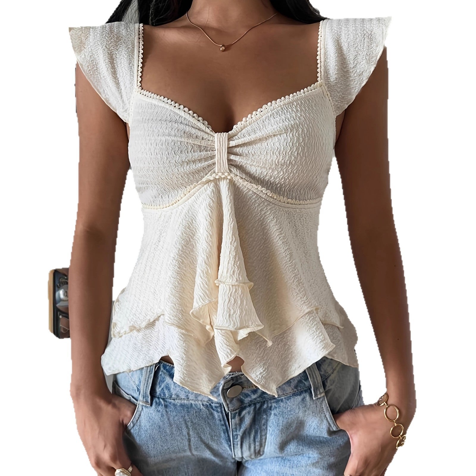 Elegant V-Neck Asymmetrical Ruffled Puff Sleeve Slim Fit Blouse