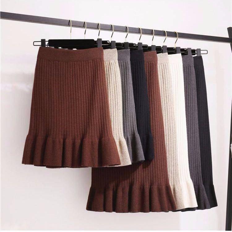 Slim Fit Lace Hem Knitted Pencil Skirt Mid Length