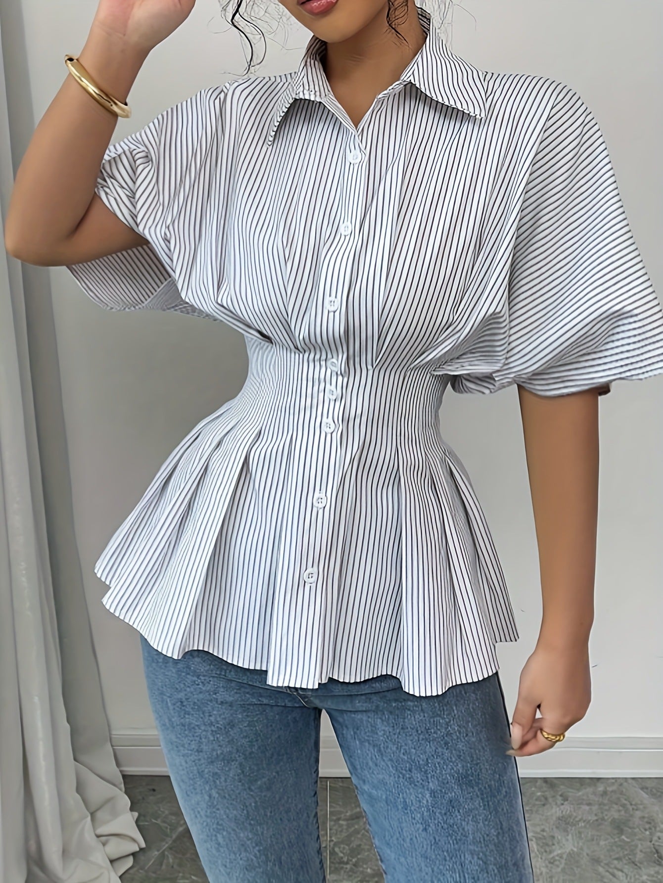 Women's Casual Striped Colorblock Slim-Fit Versatile Buttoned Blouse