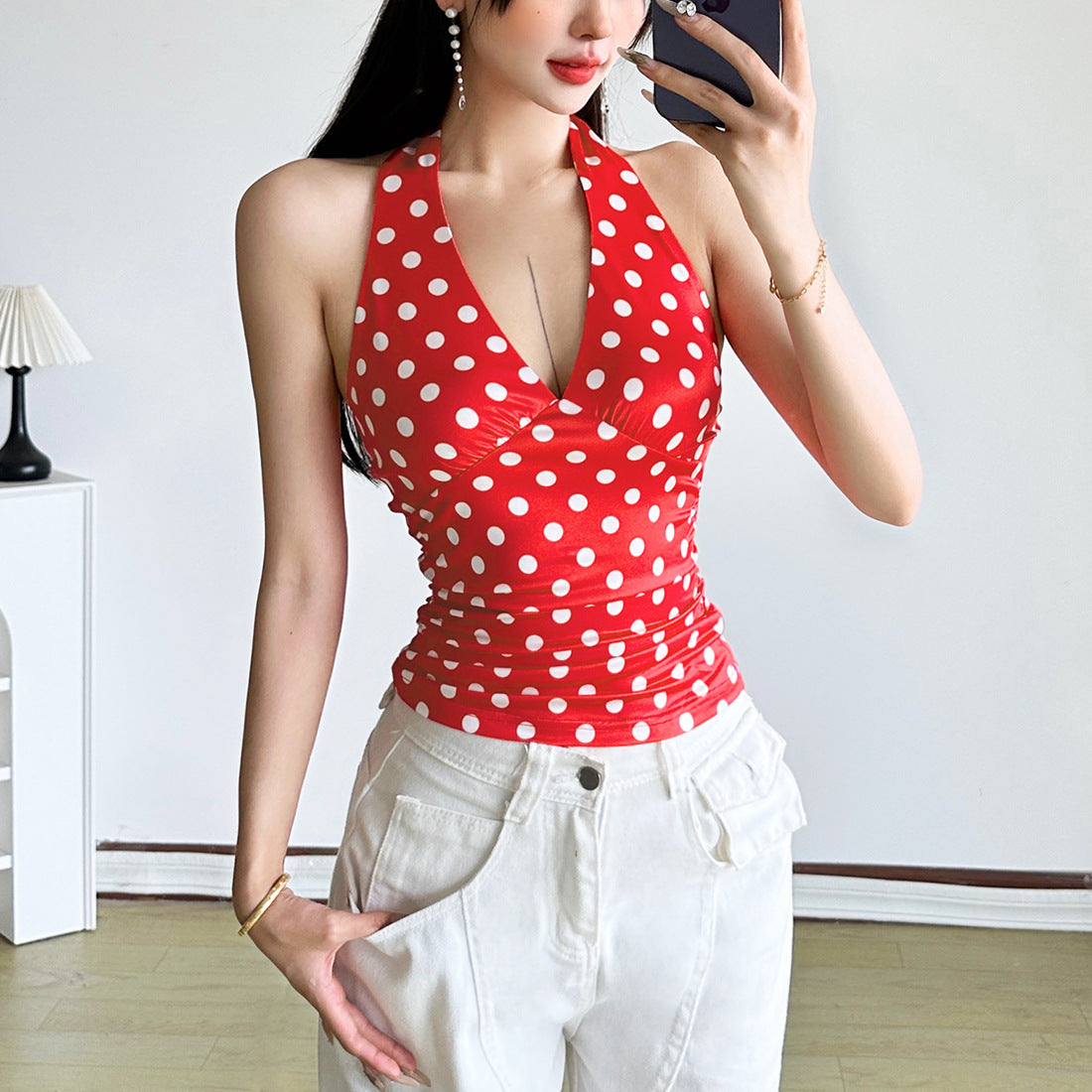 Polka Dot Halter Neck Bodycon Tank Top For Women