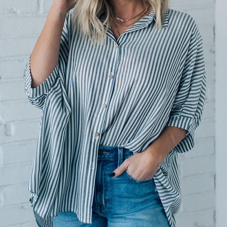 Women's Striped Loose Fit Three-Quarter Sleeve Casual Button Shirt