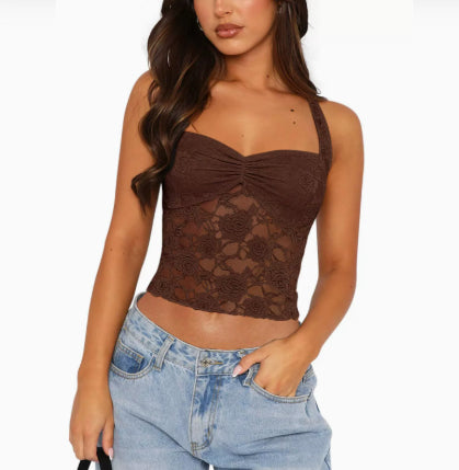 Lace Hollow-Out Slim Fit Sleeveless Strappy Camisole Top