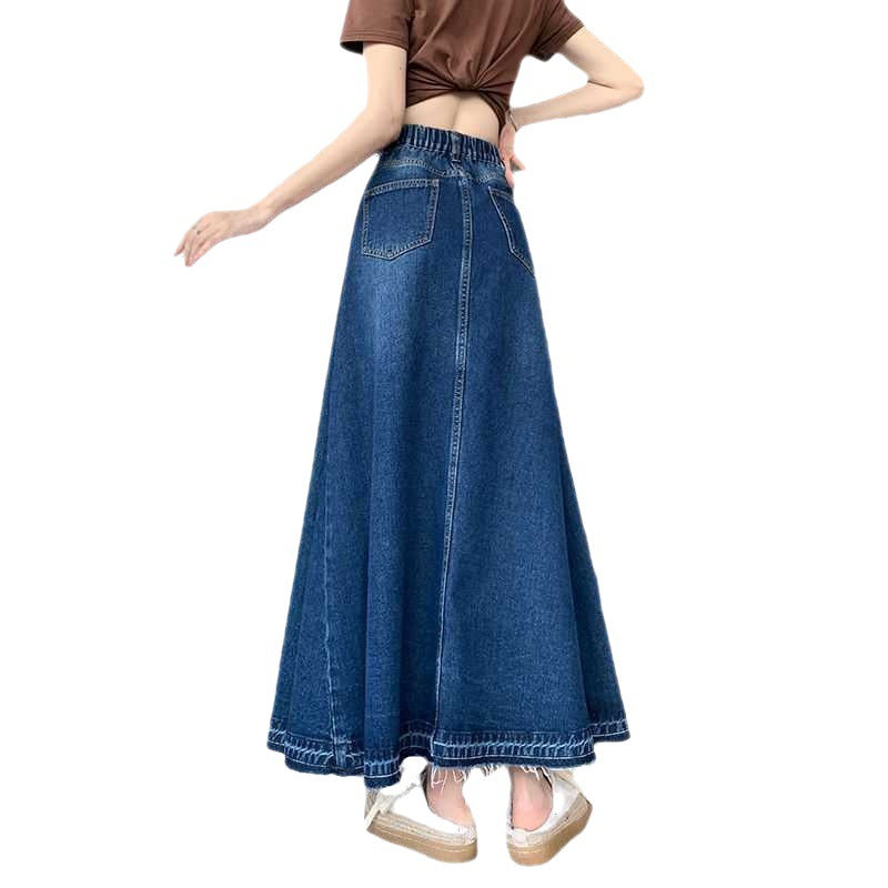 High Waisted Slim Fit Denim Midi Skirt With Draped Detail