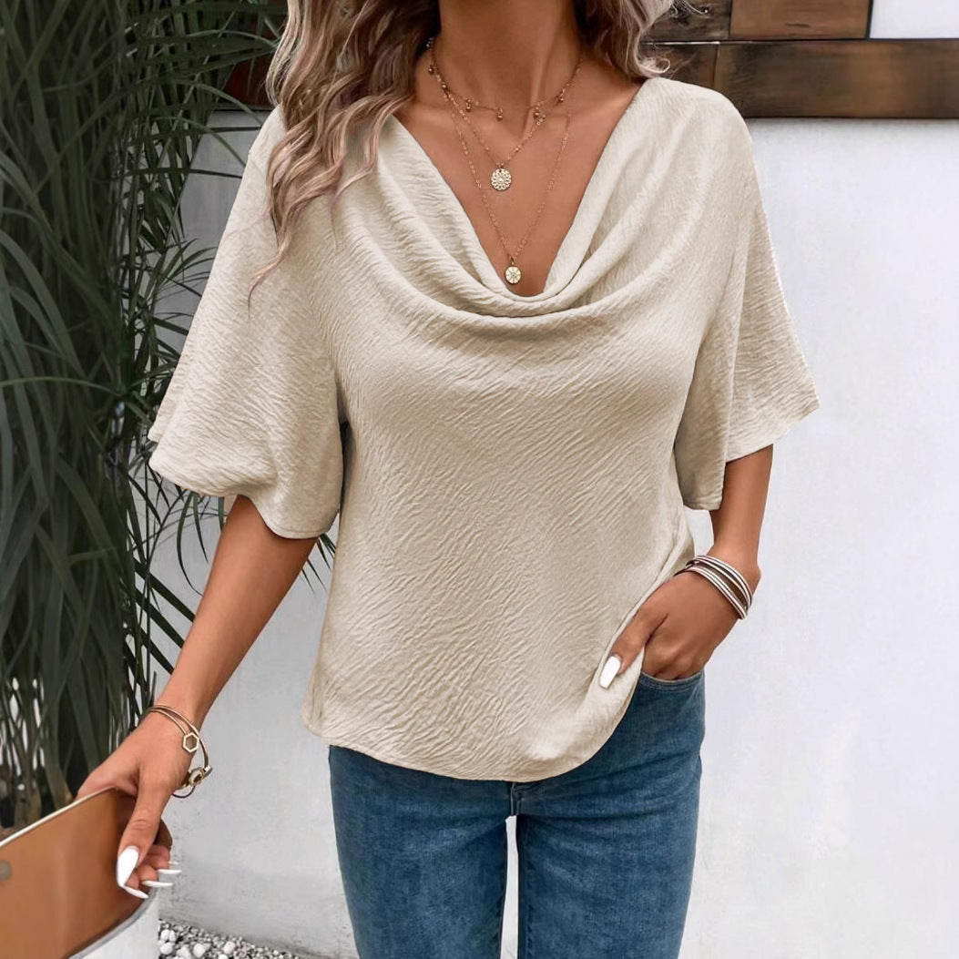 Elegant Solid Color Short Sleeve Satin Pullover Commuter Top
