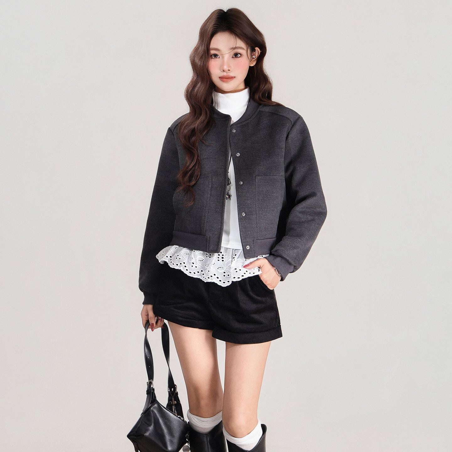 Heather Gray Baseball Short Jacket For Women