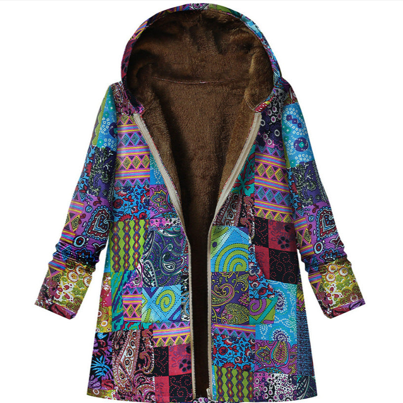 Retro Printed Hooded Zipper Coat With Large Pockets For Women