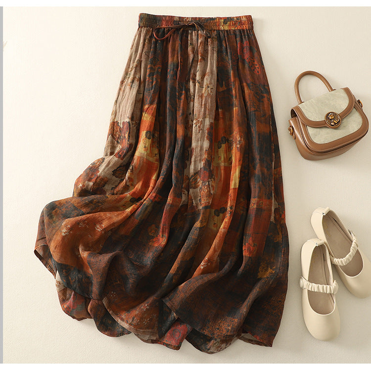 Women's Retro Printed Double Layer Pleated Mid Length Skirt