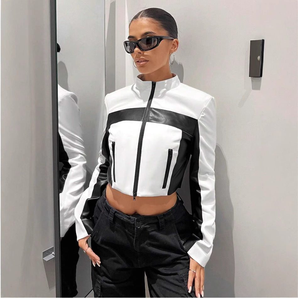 Black And White Contrast Short Slim Zipper Faux Leather Jacket