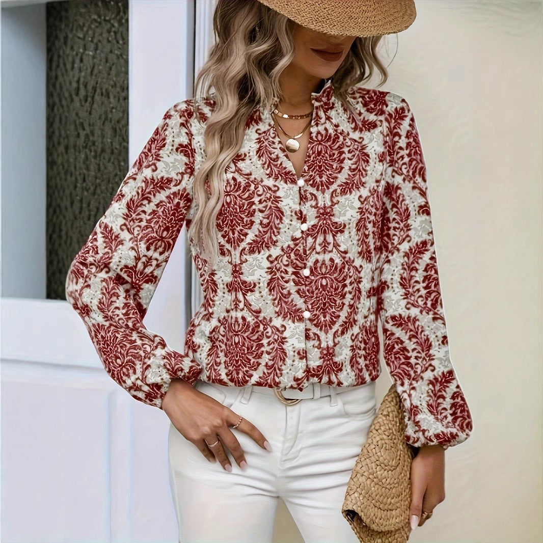 Elegant Printed Lantern Sleeve Ruffled Trim Long Sleeve Blouse