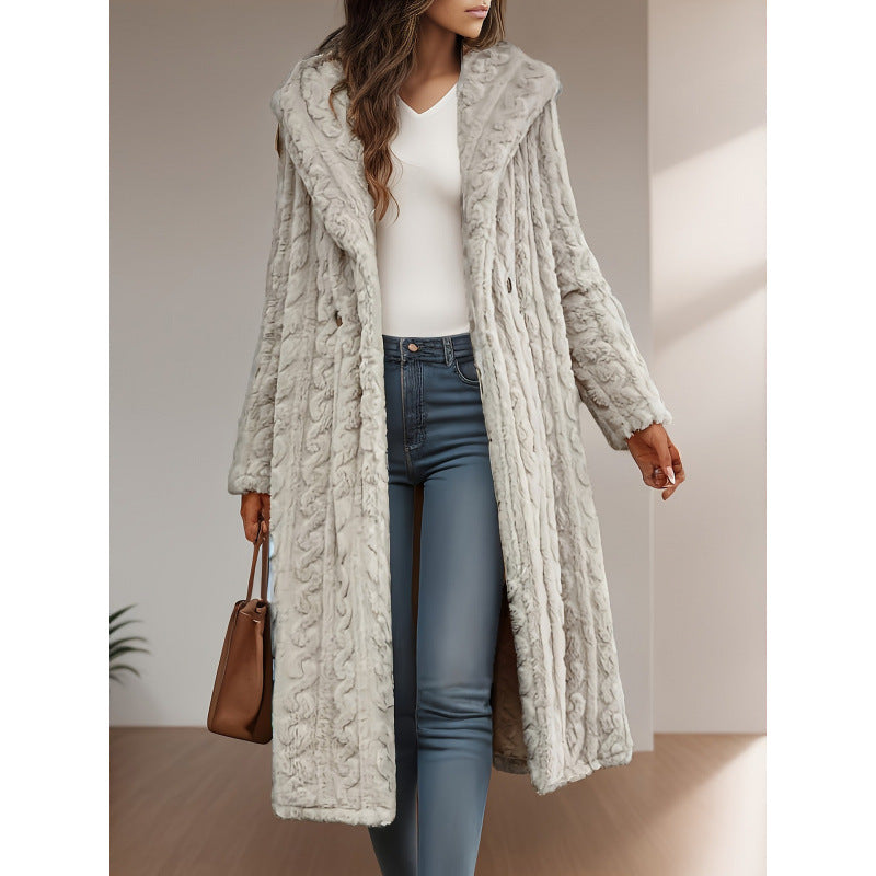 Long Hooded Wool Blend Coat With Button Closure