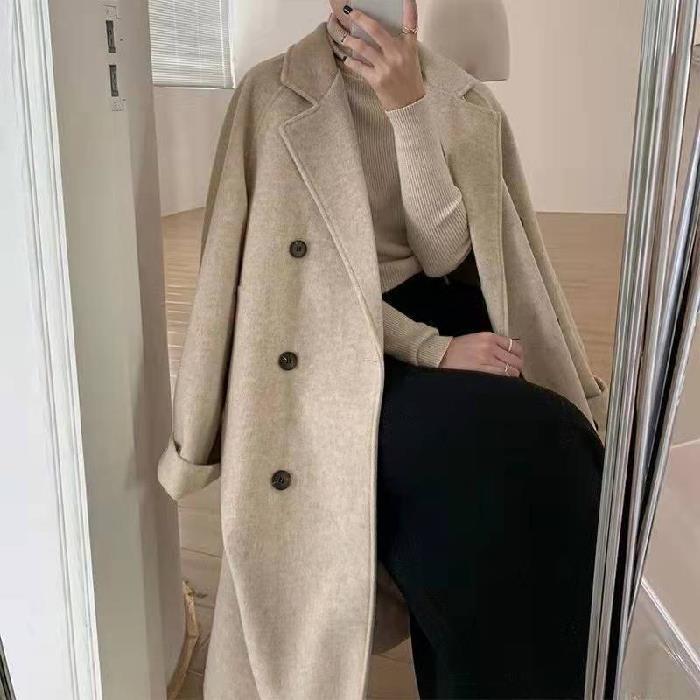 Petite Hepburn-Inspired Mid-Length Woolen Coat For Women