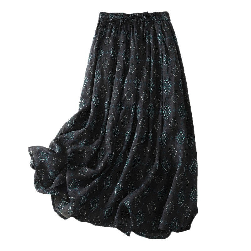 Women's Retro Printed Double Layer Pleated Mid Length Skirt