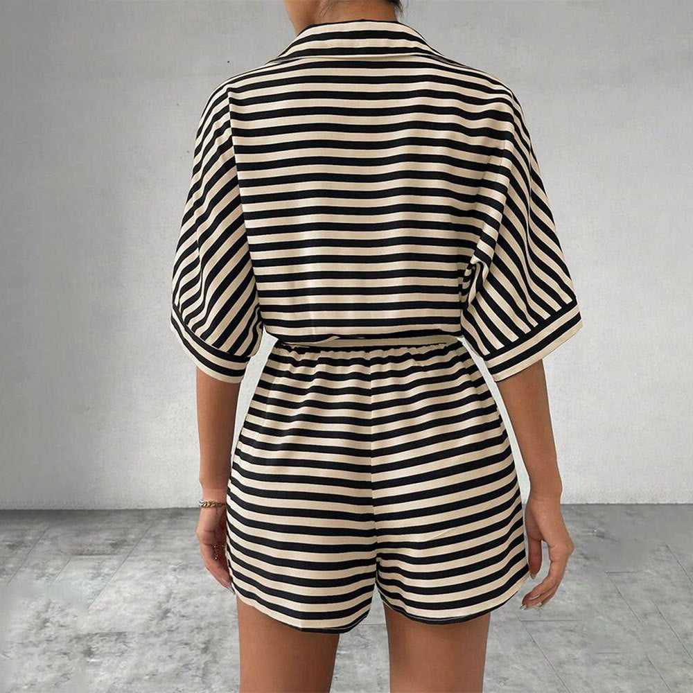 Striped Loose Fit Jumpsuit With Elastic Waist And Five Point Sleeves