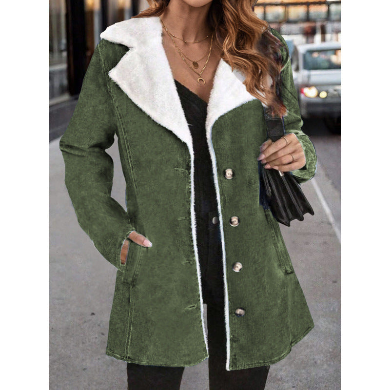 Plush Lapel Mid-Length Suede Coat With Fur Collar For Women