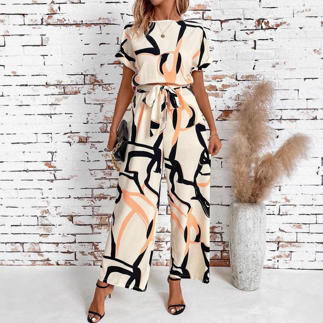 Retro Printed Short Sleeve Jumpsuit With Waist Cinching Fit