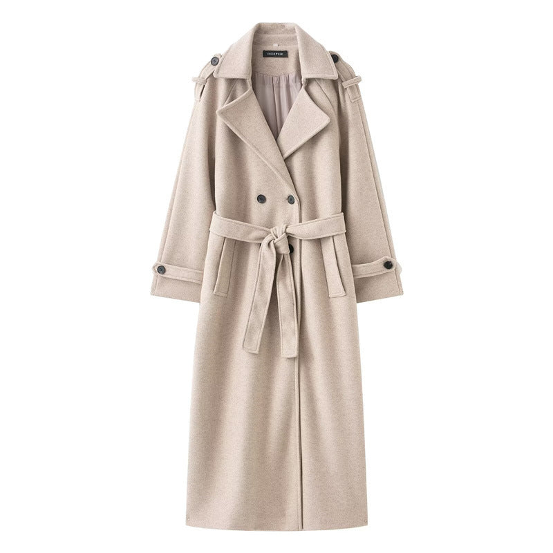 British Double-Breasted Long Wool Coat Women's Classic Overcoat
