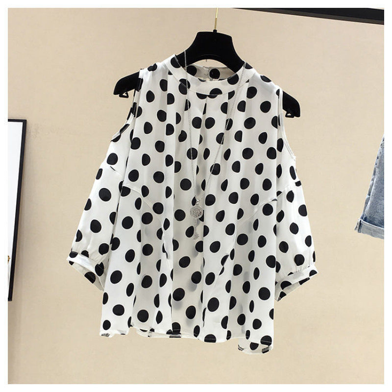 Women's Polka Dot Off-Shoulder Short Sleeve Flattering Chiffon Blouse