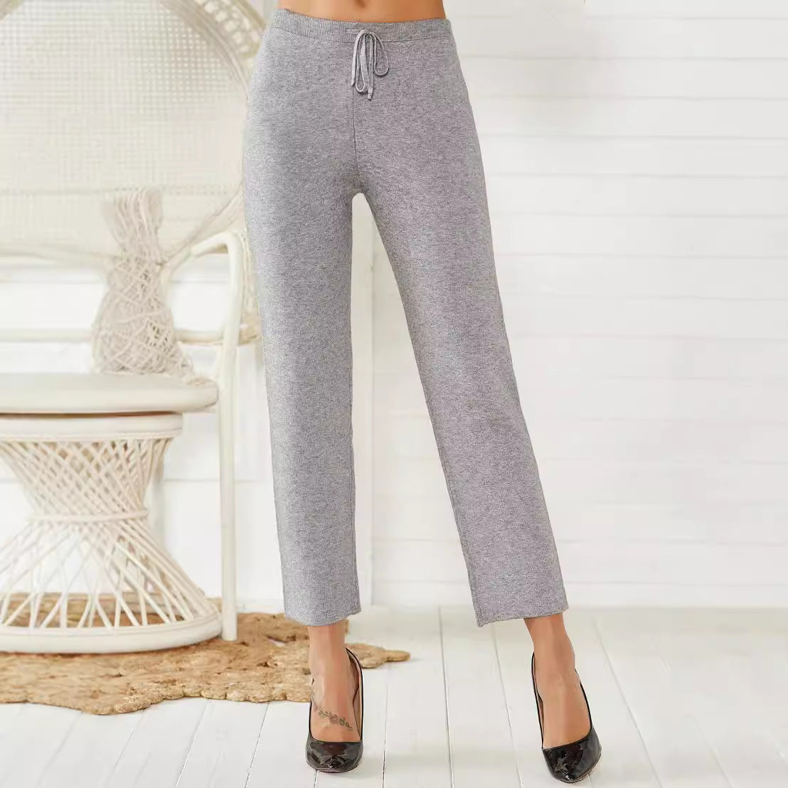 Mid Waist Acrylic Stretch Slimming Warm Pencil Trousers