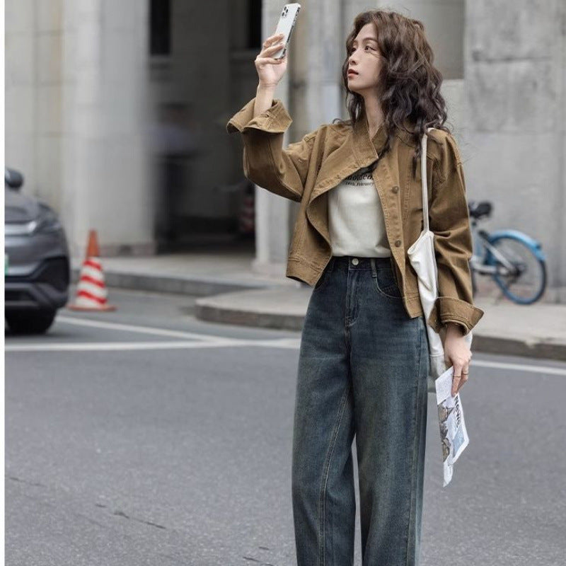 Korean Retro Stand-Collar Workwear Jacket For Women