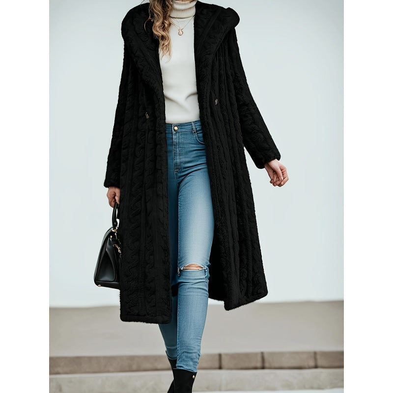 Long Hooded Wool Blend Coat With Button Closure
