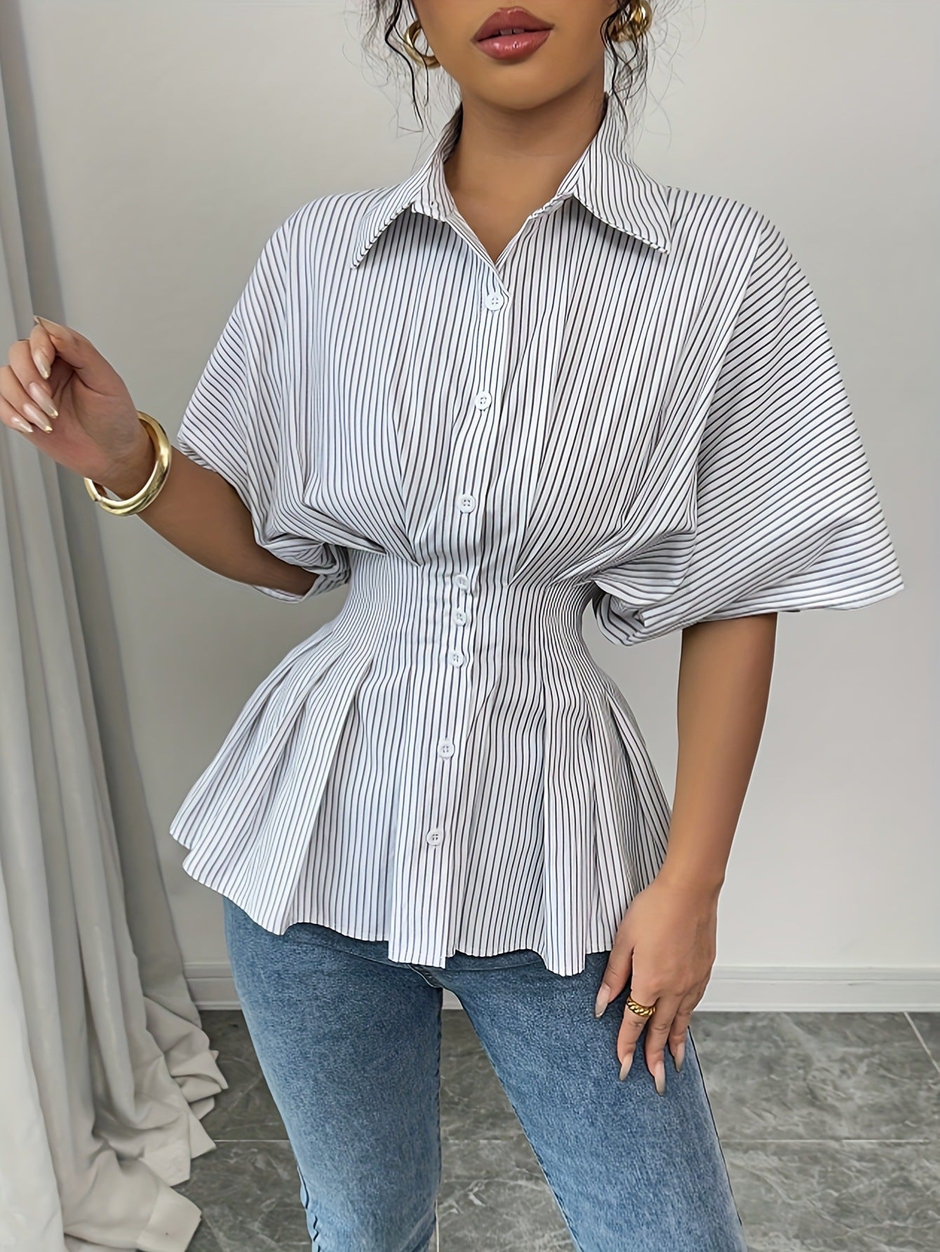Women's Casual Striped Colorblock Slim-Fit Versatile Buttoned Blouse