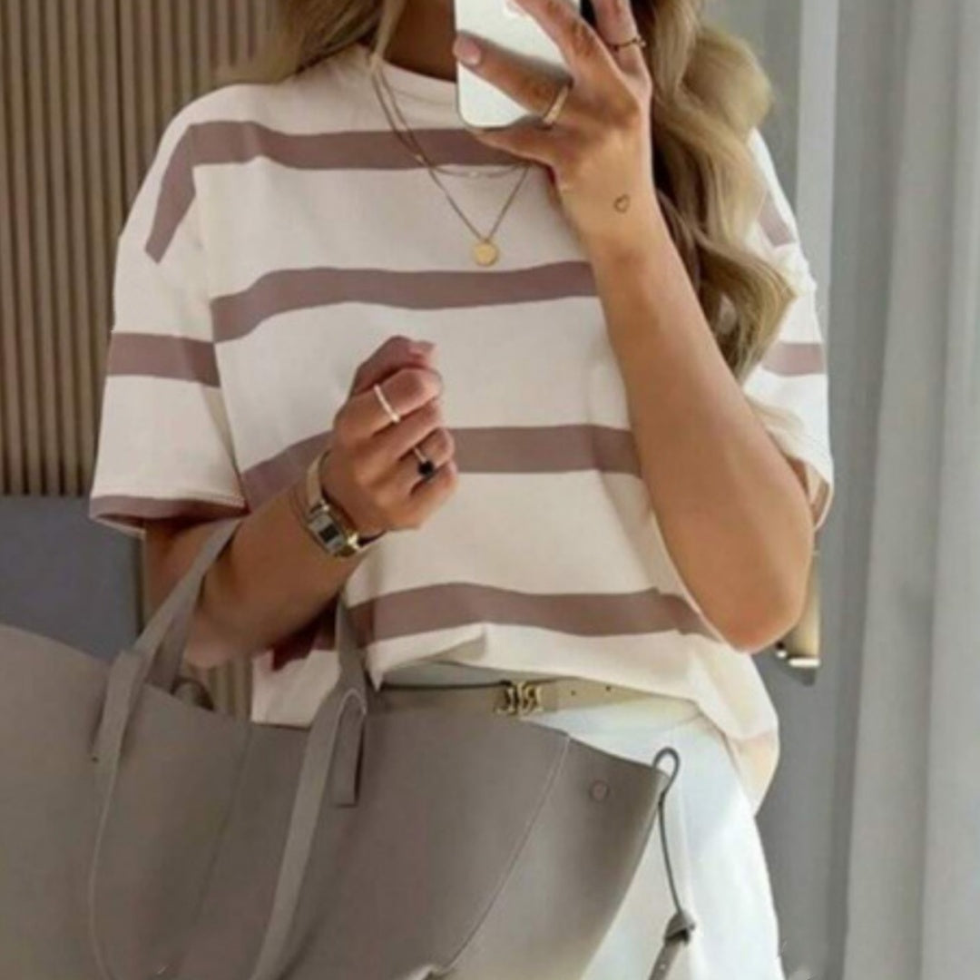 Loose Fit Striped Short Sleeve Cotton Blend Top For Everyday Wear