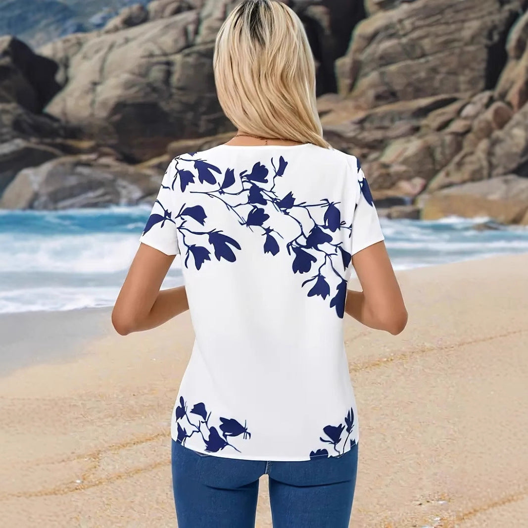 Round Neck Loose Fit Printed Short Sleeve Casual Summer Top