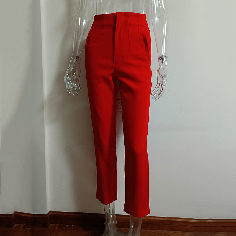 Royal Blue Pleated High Waist Slim Fit Straight Pants