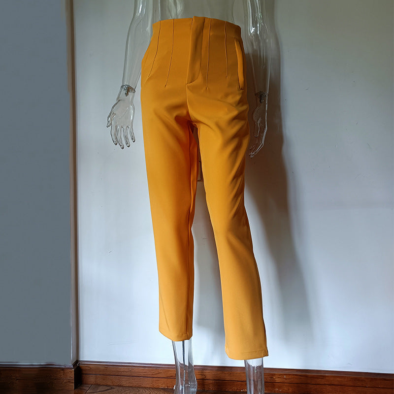 Royal Blue Pleated High Waist Slim Fit Straight Pants