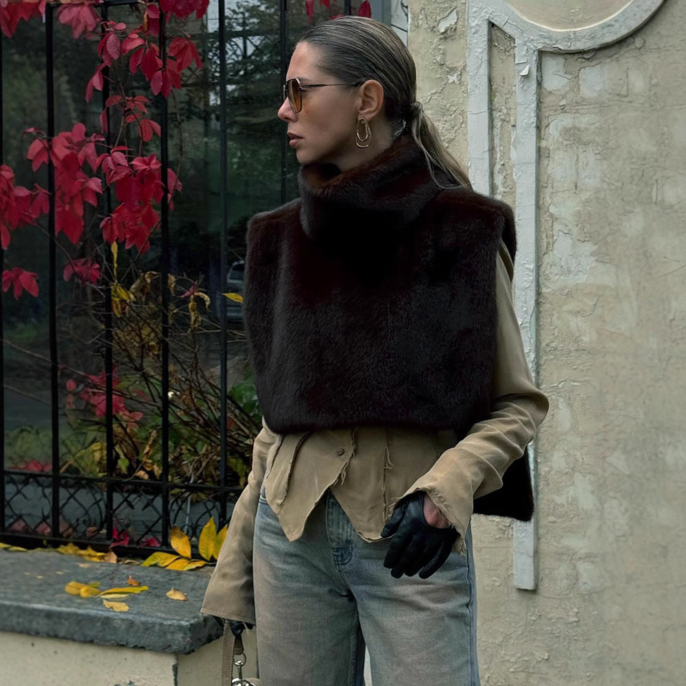 Half?Turtleneck Sleeveless Faux Fur Patchwork Slim Fit Vest