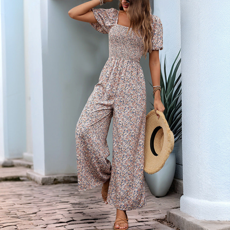 Floral Puff Sleeve Vacation Jumpsuit With Elegant Square Neckline