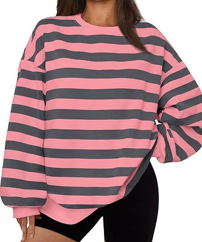 Striped Crew Neck Sweatshirt With Thick Warm Fabric