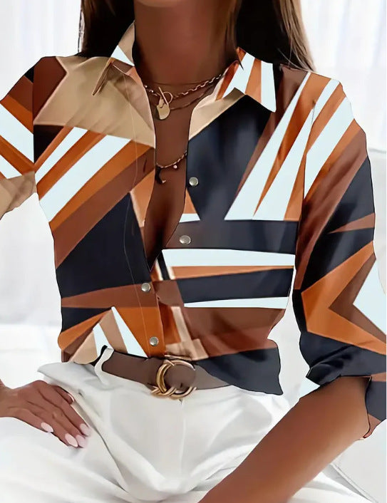 3D Landscape Print Stretch Long Sleeve Button Front Shirt