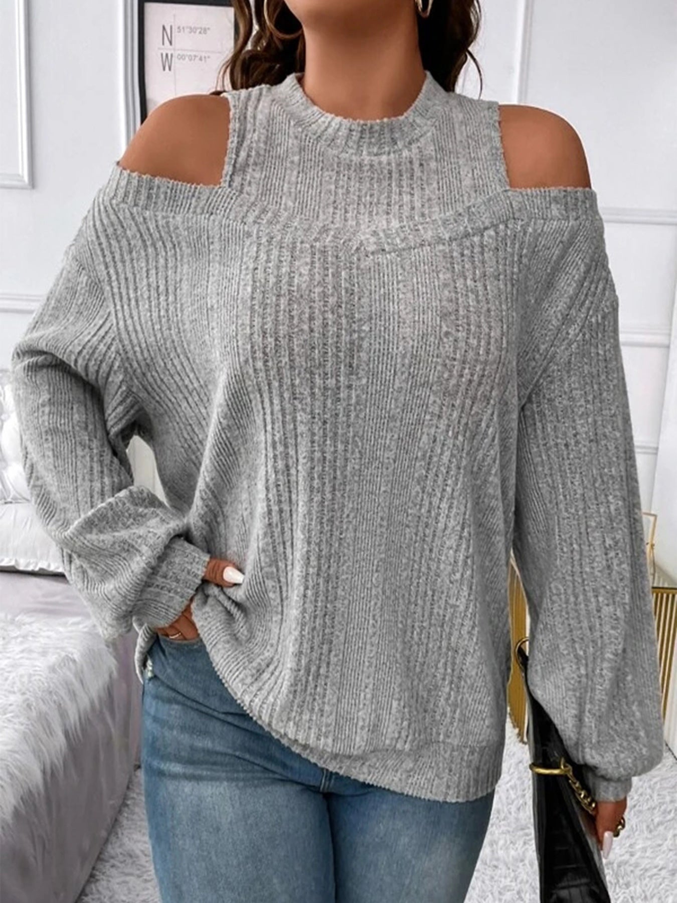Off Shoulder Solid Color Loose Long Sleeve Top For Women