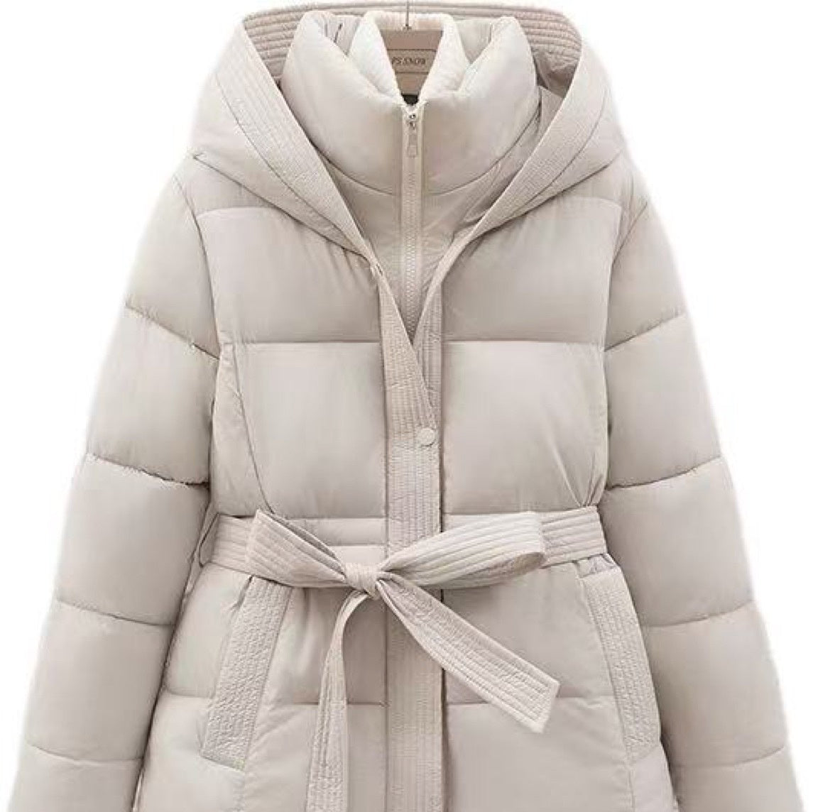 Short Women's Waist-Cinching Hooded Tie-Front Warm Coat