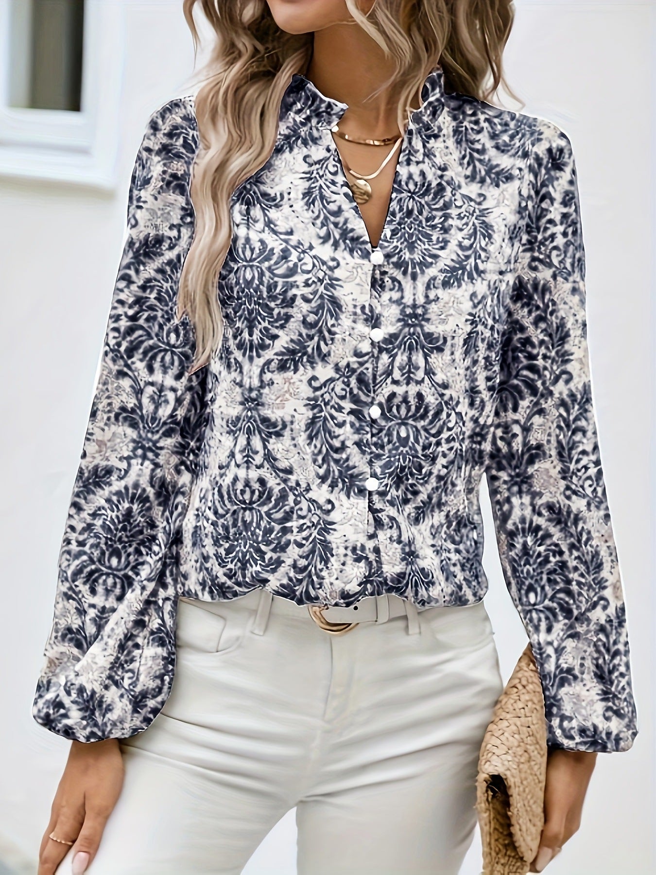 Elegant Printed Lantern Sleeve Ruffled Trim Long Sleeve Blouse
