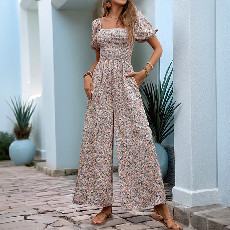 Floral Puff Sleeve Vacation Jumpsuit With Elegant Square Neckline