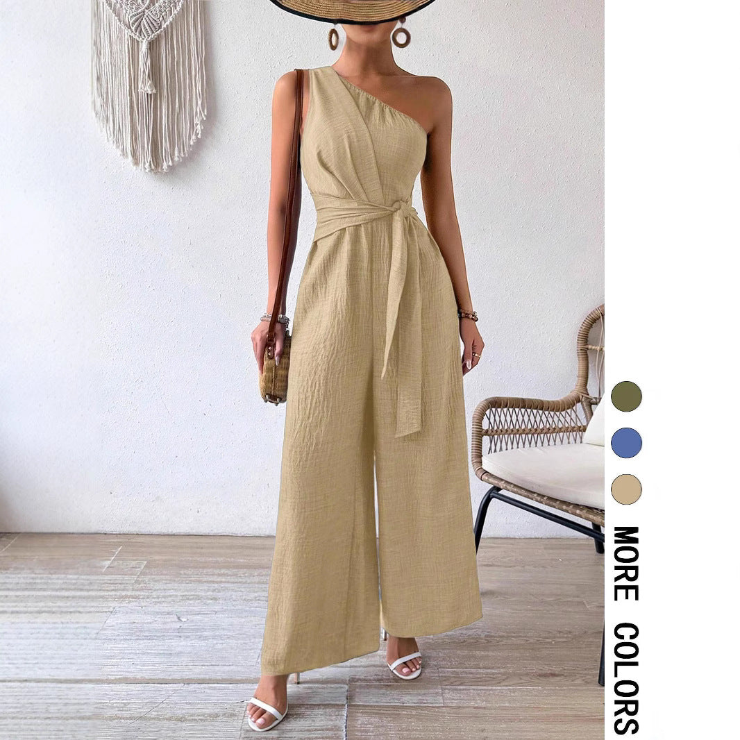 Wide Leg Shoulder Strap Jumpsuit With Adjustable Waist Tie