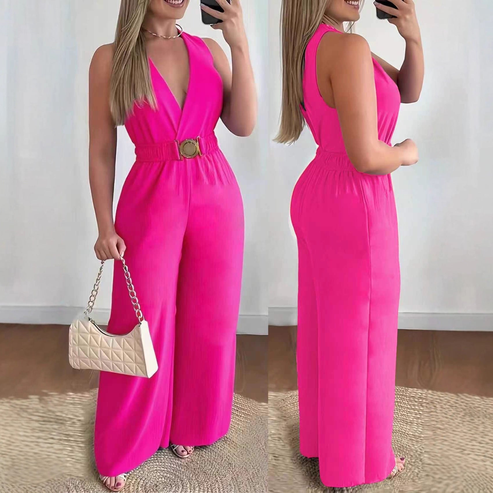 Wide Leg Solid Color Jumpsuit With High Waist And Slant Pockets