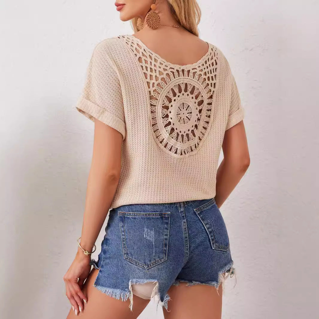 V-Neck Lace Patchwork Back Cutout Batwing Sleeve Elegant Summer Top