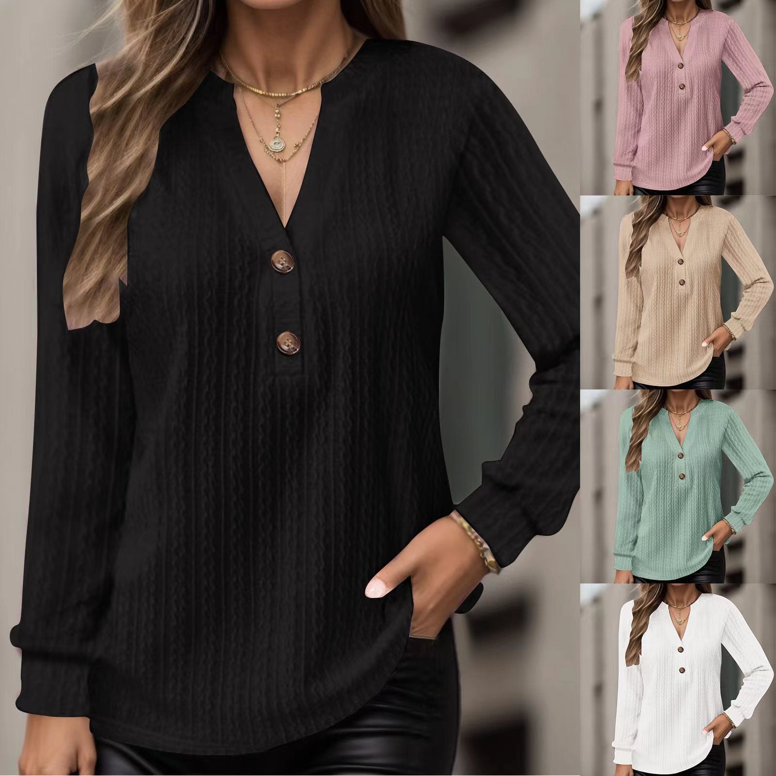Women's Long Sleeve V-Neck Buttoned Solid Color Casual T-Shirt