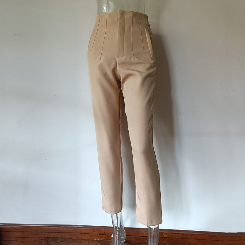 Royal Blue Pleated High Waist Slim Fit Straight Pants
