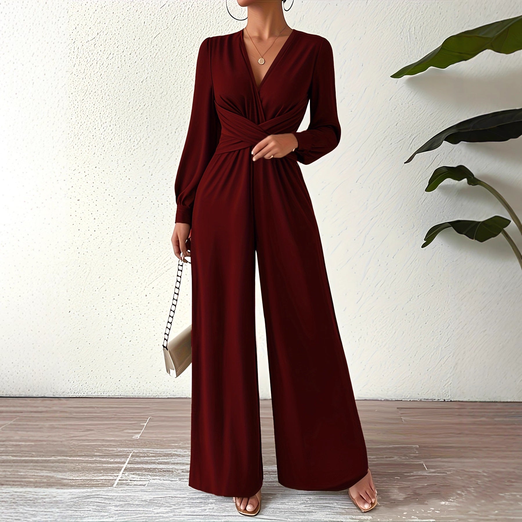 Elegant V Neck Tie Waist Jumpsuit With Straight Leg Fit