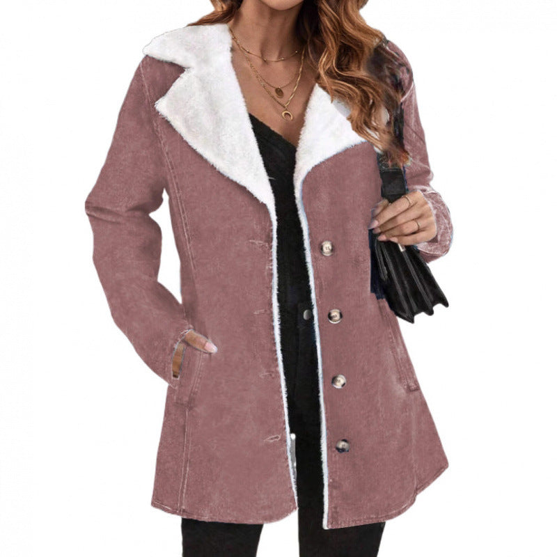 Plush Lapel Mid-Length Suede Coat With Fur Collar For Women