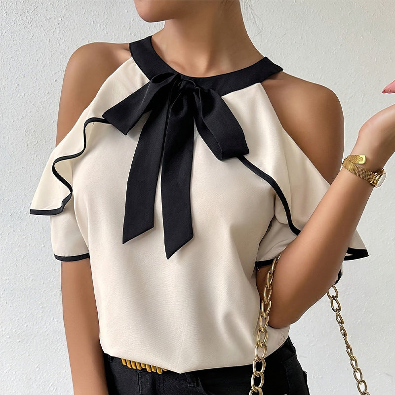 Women's Double-Layer Bow-Tie Short Sleeve Elegant Summer Blouse