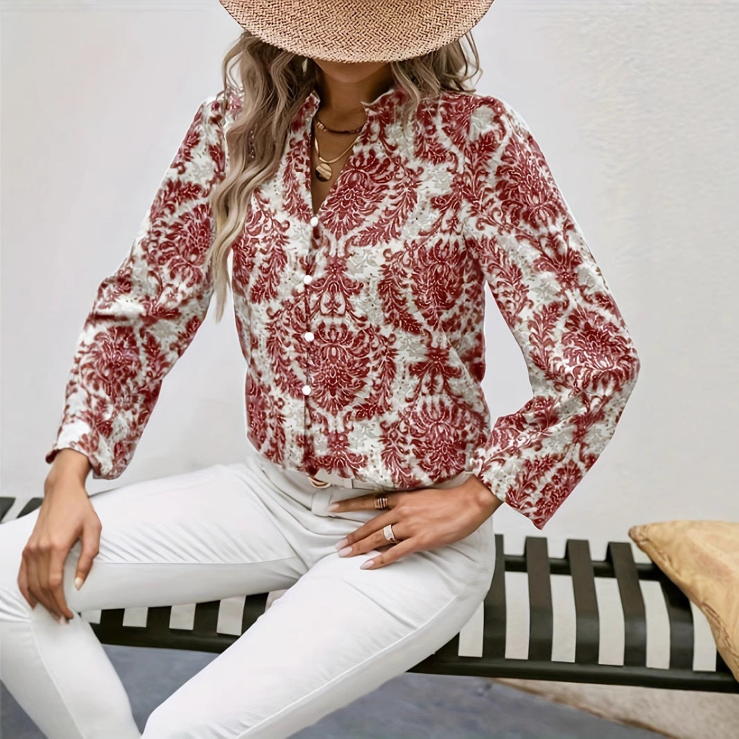 Elegant Printed Lantern Sleeve Ruffled Trim Long Sleeve Blouse