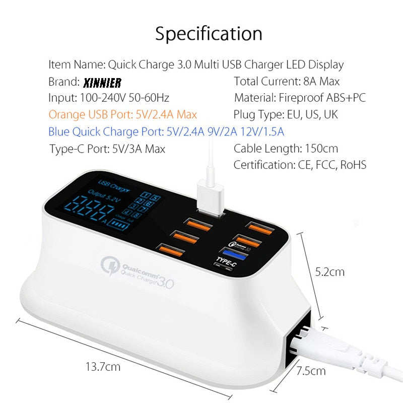 8?Port Quick Charge 3.0 USB Charging Station With LED Display