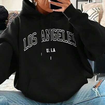 Loose Fit Printed Hoodie With Drawstring Hood