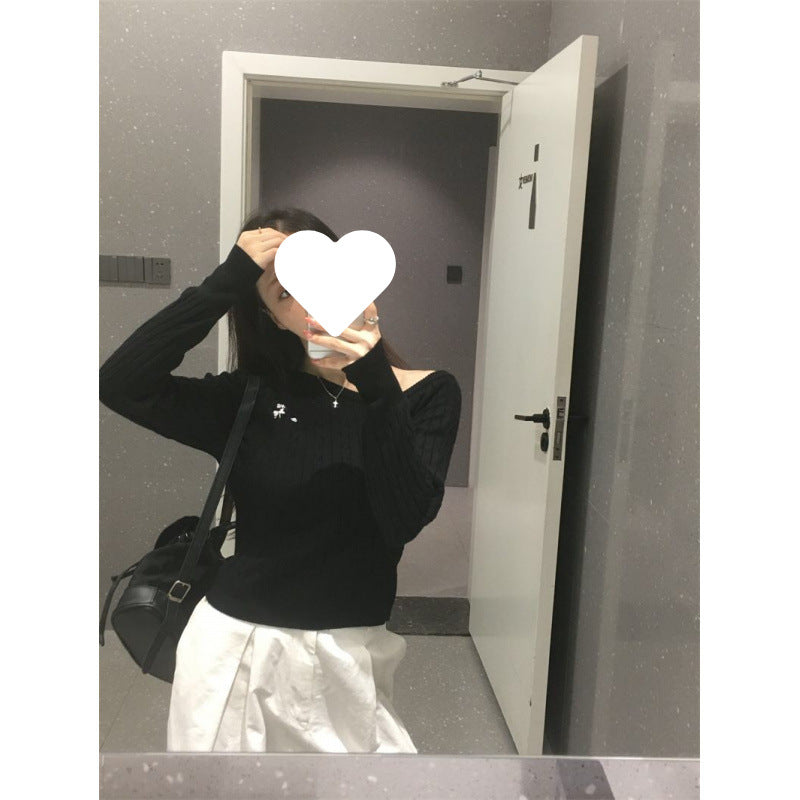 Off-Shoulder Embroidered Knit Long Sleeve Slim Fit Short Top